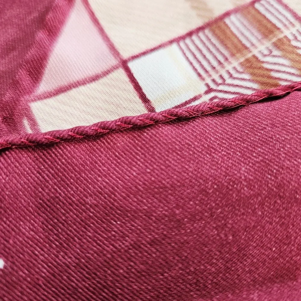 Vintage Leonardi Signed 100% Silk Burgundy Geometric Pattern Rectangular Scarf
